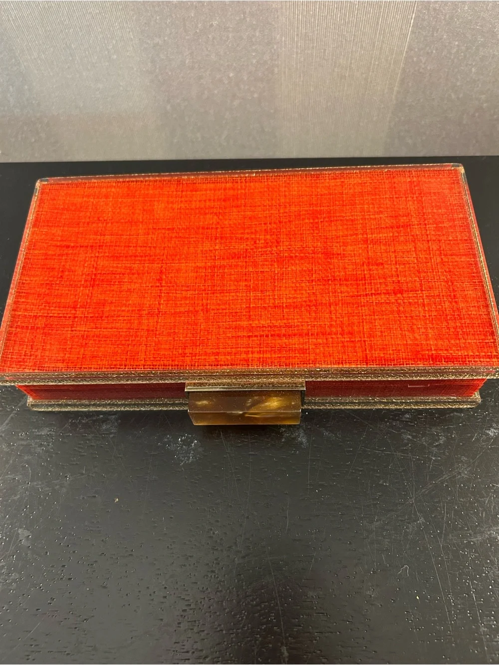 Sondra Roberts Red/Orange Evening Box Clutch with Gold Trim